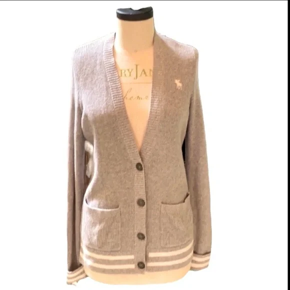 Abercrombie & Fitch Grey & White Varsity Coastal grandma cardigan - Picture 1 of 8